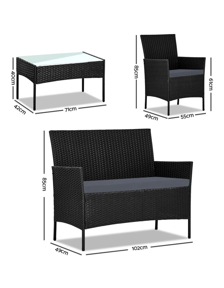 Outdoor Sofa Set Wicker Setting Table Chair Furniture 4 Seater in Black