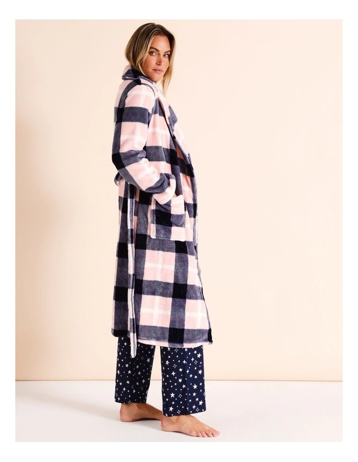 Fleece Long Robe in Navy & Pink Check