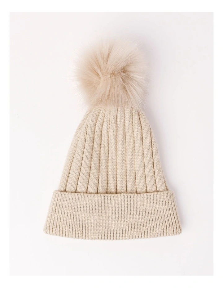 Beanie With Pom Pom in Camel