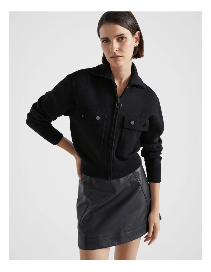 Double Knit Compact Zip Through Top in Black