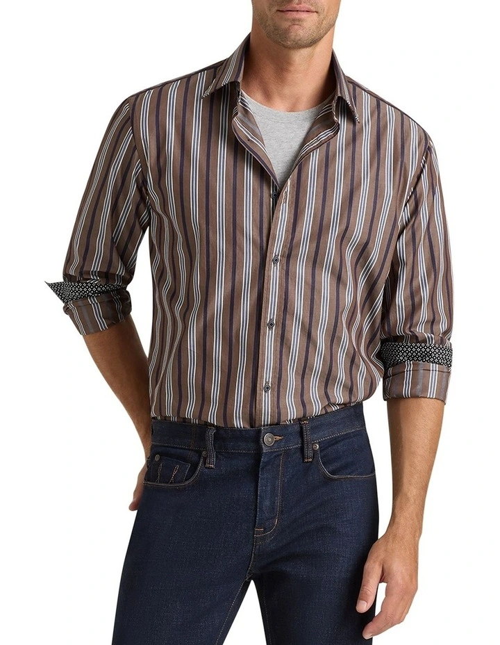 Marco Stripe Shirt in Brown Navy