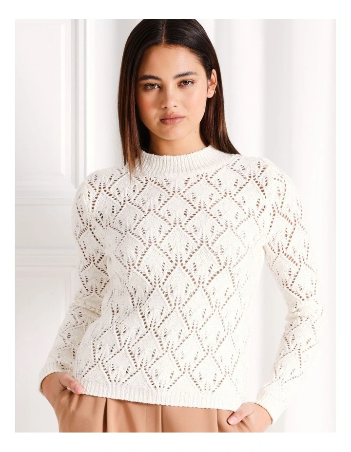High Neck Pointelle Jumper in White