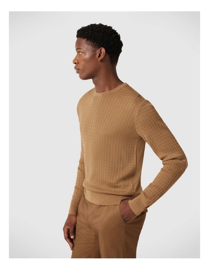 Merino Wool Long Sleeve Crew Knit Sweater in Tan