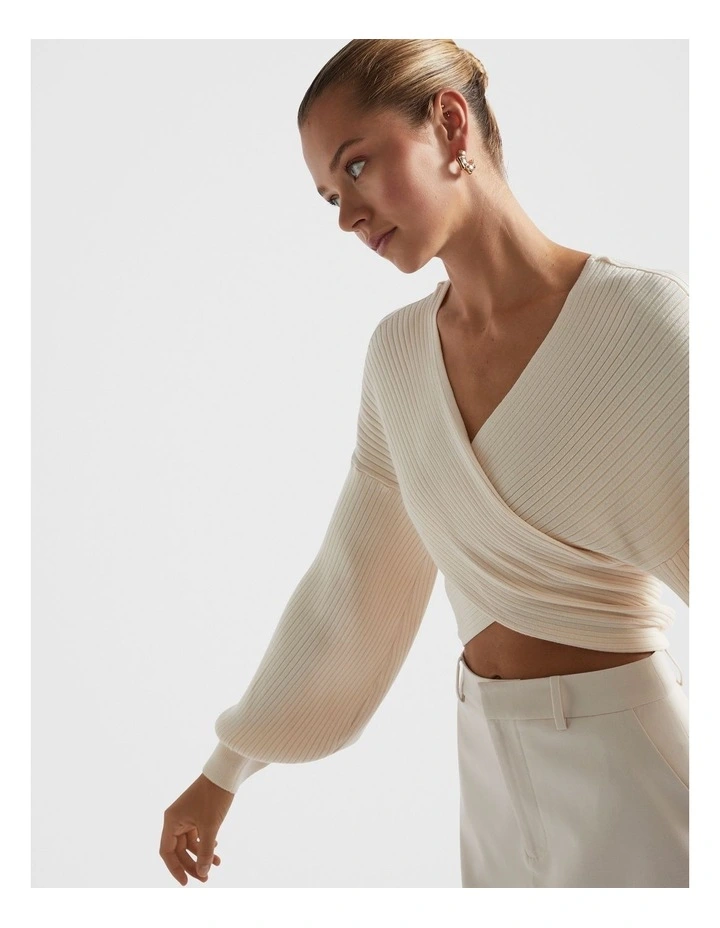 Rib Wrap Front Knit Top in Frappe