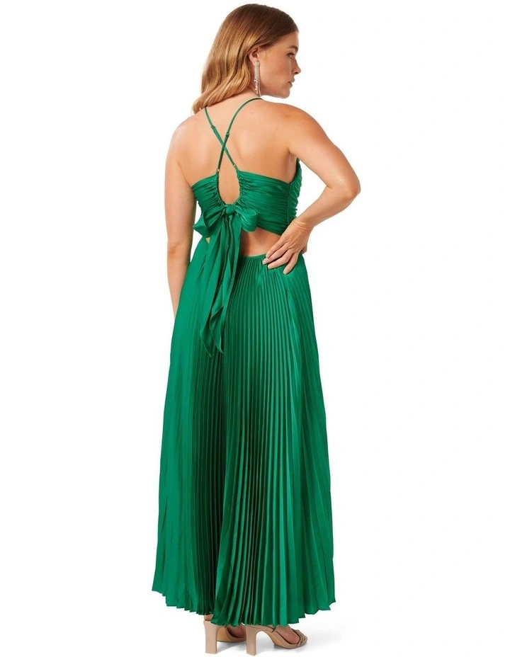 Geri Tie Back Pleated Maxi Dress in Green