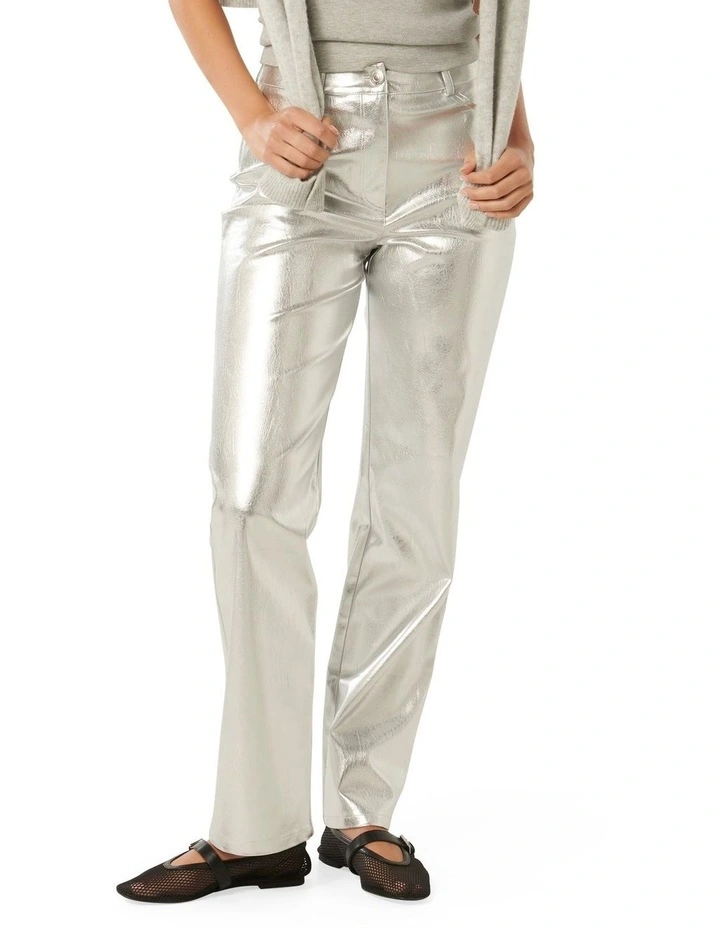 Maci Vegan Leather Straight Leg Pants in Silver