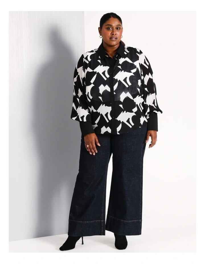 Recycled Polyester Blend Sheer Printed Shirt in Black/White