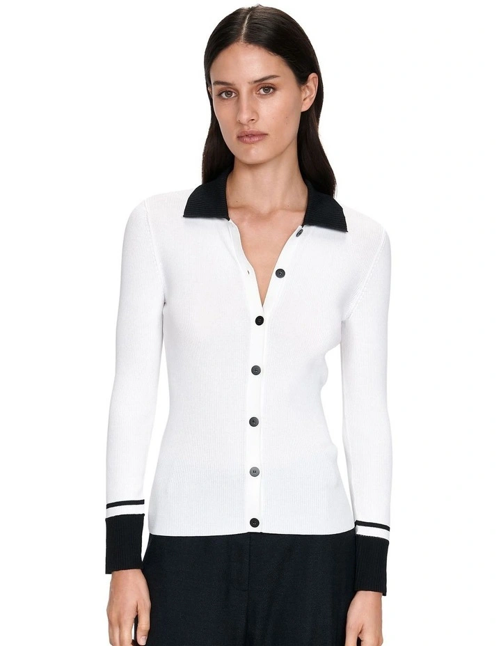 Contrast Trim Rib Knit Shirt in Ivory