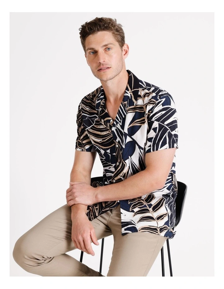 Vance Floral Print Short Sleeve Viscose Shirt in White