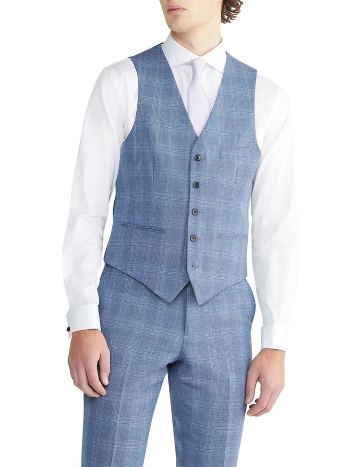 Slim Slub Check Waistcoat Vest in Blue