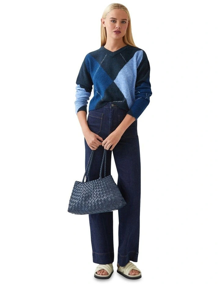Lowen Argyle V-neck Knit Jumper in Navy