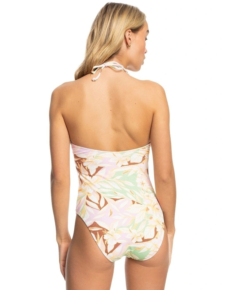 Meadow Flowers Halter Neck One Piece Swimsuit in Quiet Green Coast