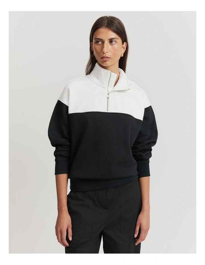 Australian Cotton Panel Zip Collar Sweat Top in Black