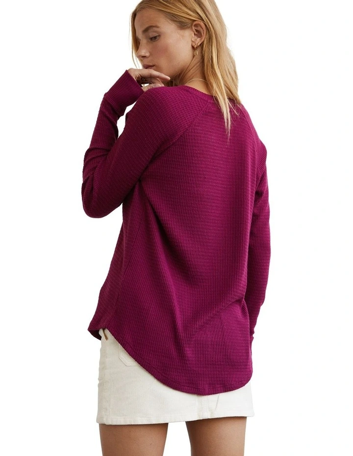 Long-Sleeve Waffle Plush Tee in Red
