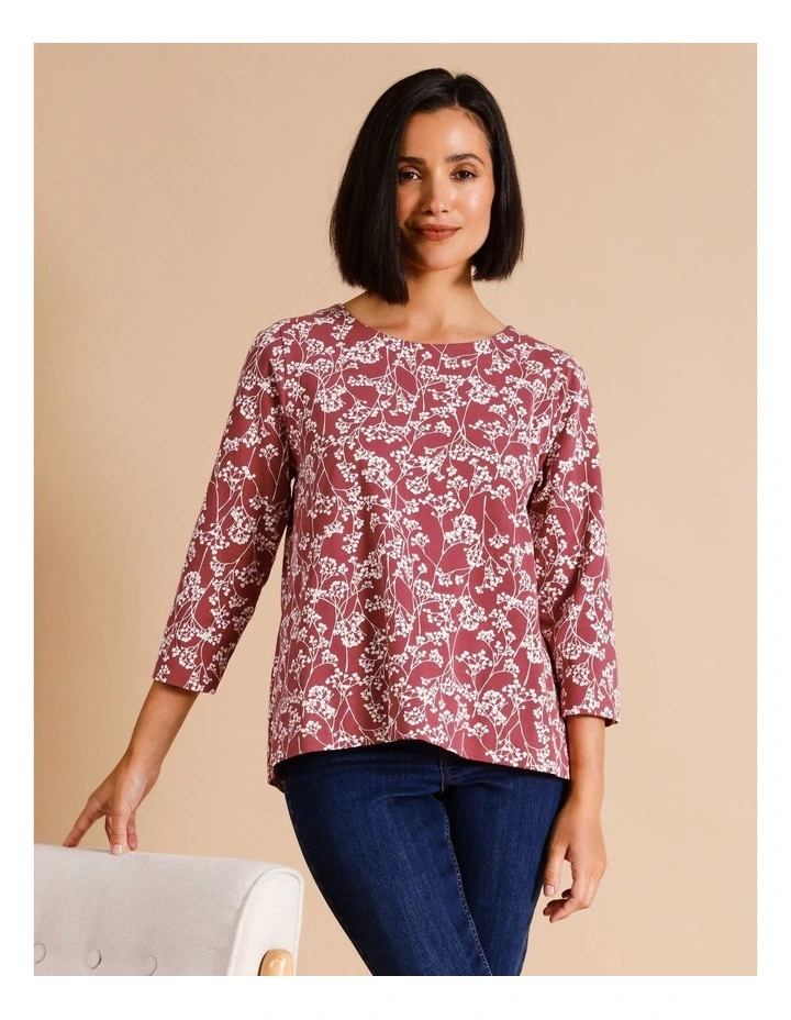 3/4 Sleeve Swing Tee in Cherry/Chalk Monotone Floral