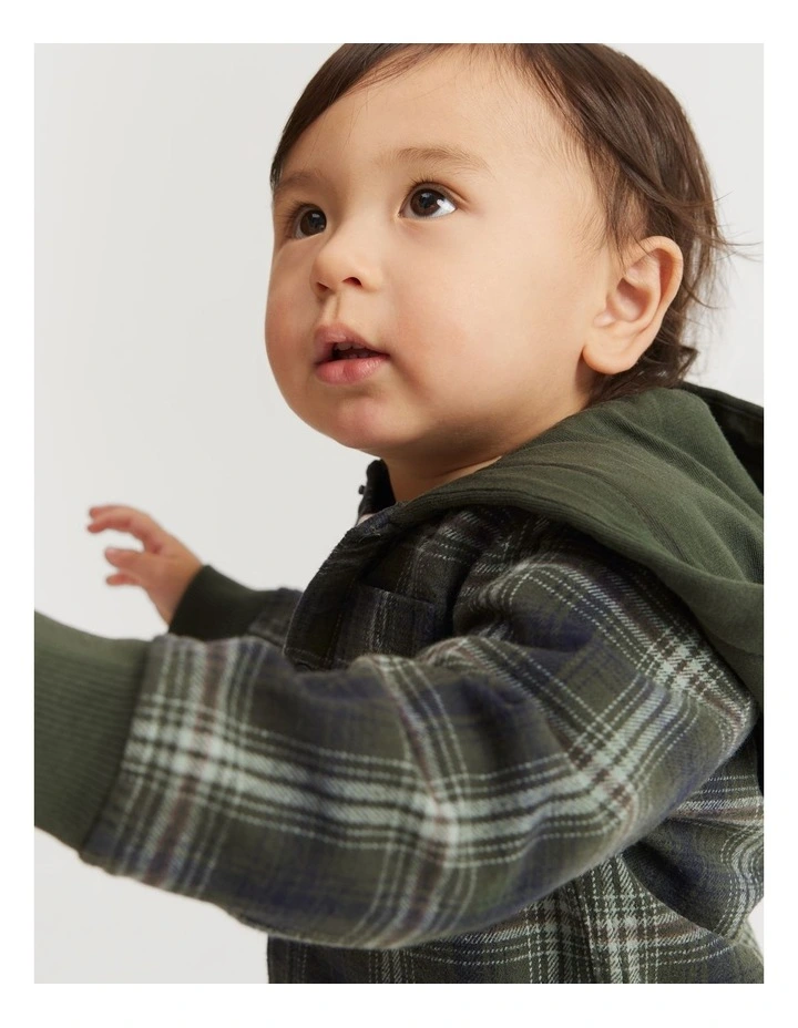 Australian Cotton Check Hooded Shirt in Khaki Green