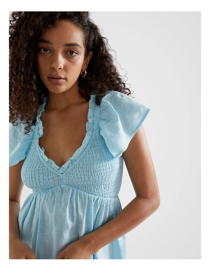 Linen Frill Sleeve Dress in Shimmer Blue Cross Dye