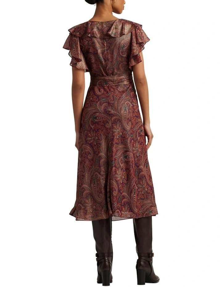 Print Ruffle Trim Metallic Chiffon Dress in Orange