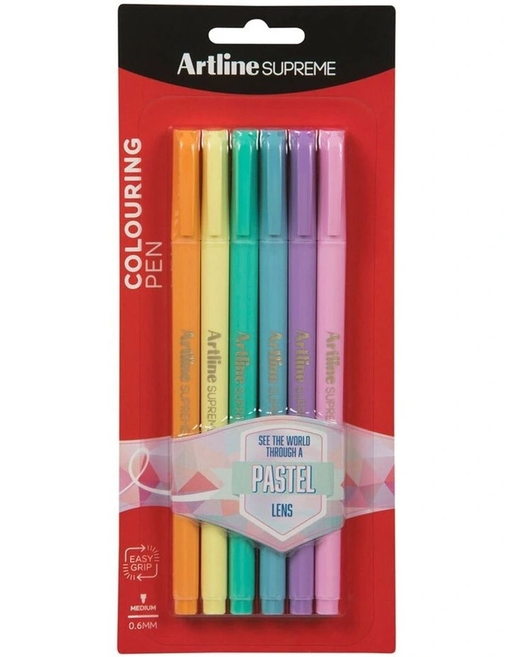 6pc Supreme 0.6mm Fine Pens Assorted Pastel Colours
