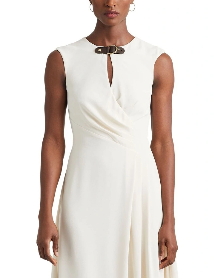 Buckle-Trim Georgette Cap-Sleeve Dress in Natural