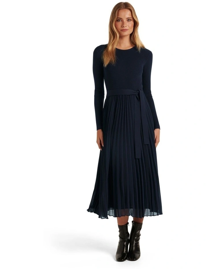 Penelope Crew Neck Woven Mix Knit Dress in Navy