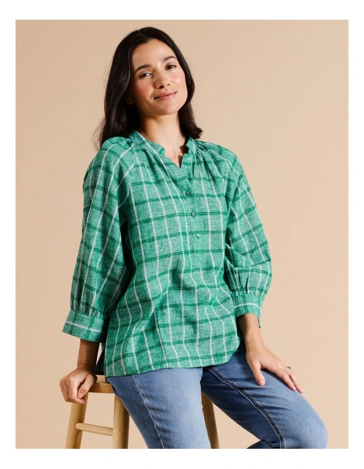 Organic Cotton Blend Stand Collar 3/4 Full Sleeve Top in Green Check