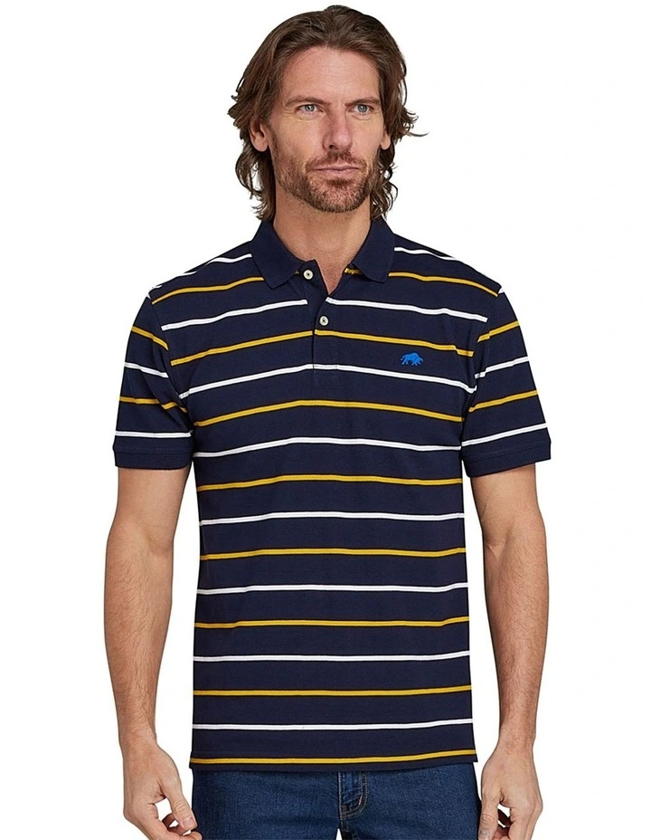 Multi Breton Stripe Pique Polo T-Shirt in Navy