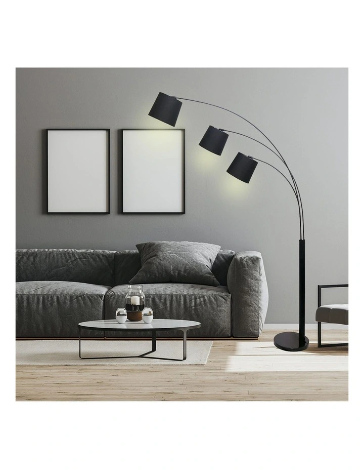 Adjustable 3-Light Tapered Shade Arc Floor Lamp Black