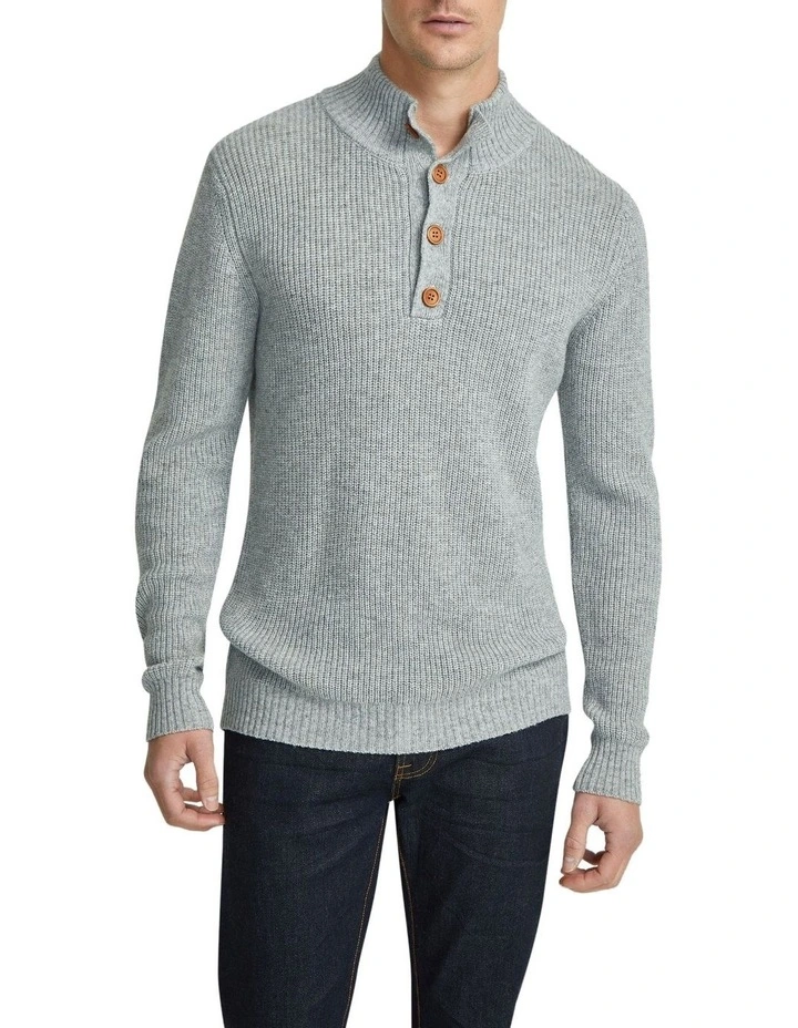 Cedric Button Collar Knit Top in Melange Grey