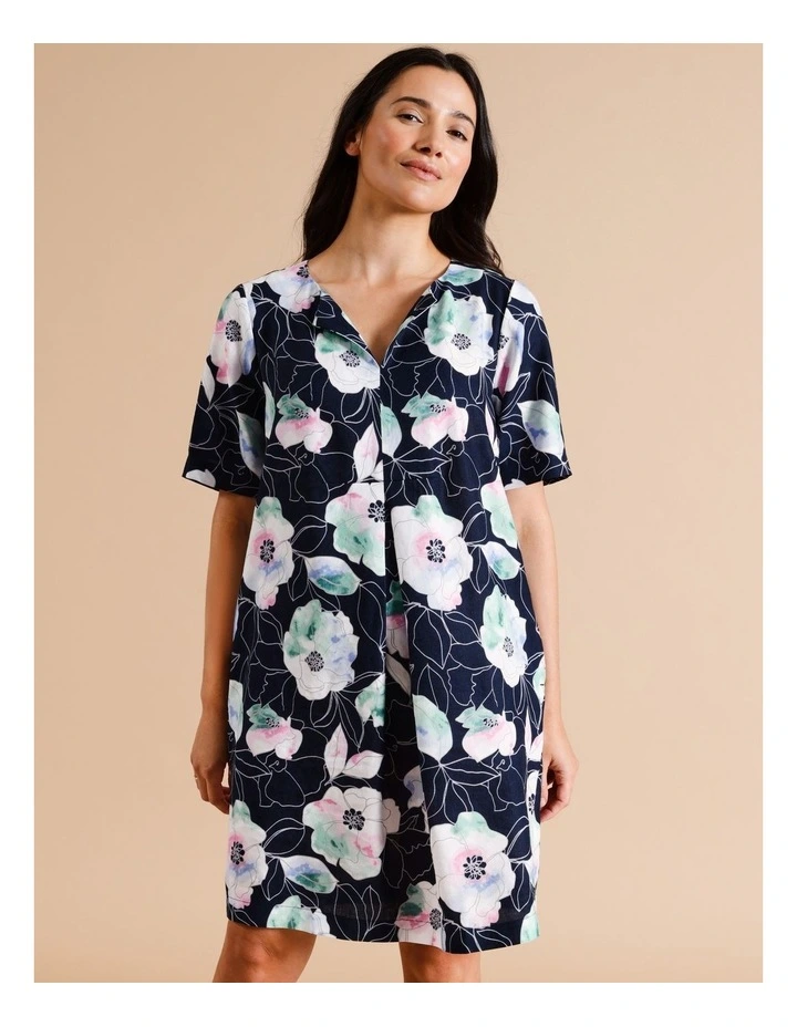 European Linen Blend Short Sleeve Pleat Front Dress in Navy Ground Floral