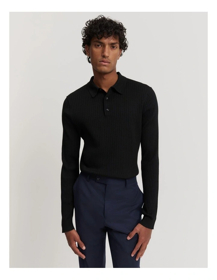 Verified Australian Merino Wool Ribbed Polo in Black