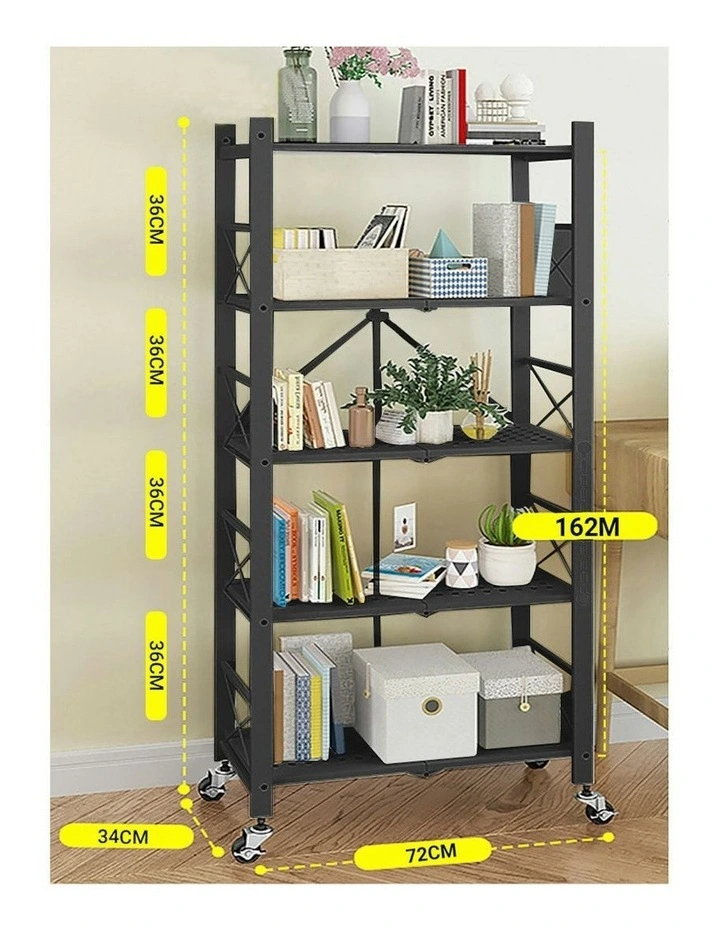 5 Tier Steel Foldable Storage Organizer with Wheels in Black