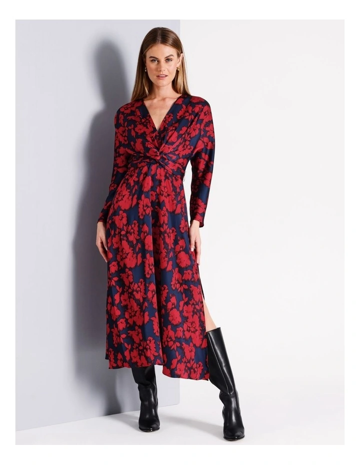 Kimono Sleeve Satin Twist Front Midi Dress in Assorted