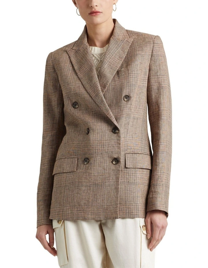Glen Plaid Linen Double-Breasted Blazer in Brown