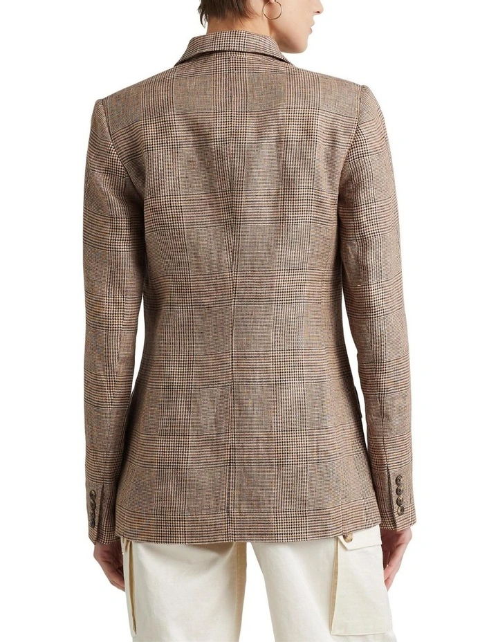Glen Plaid Linen Double-Breasted Blazer in Brown