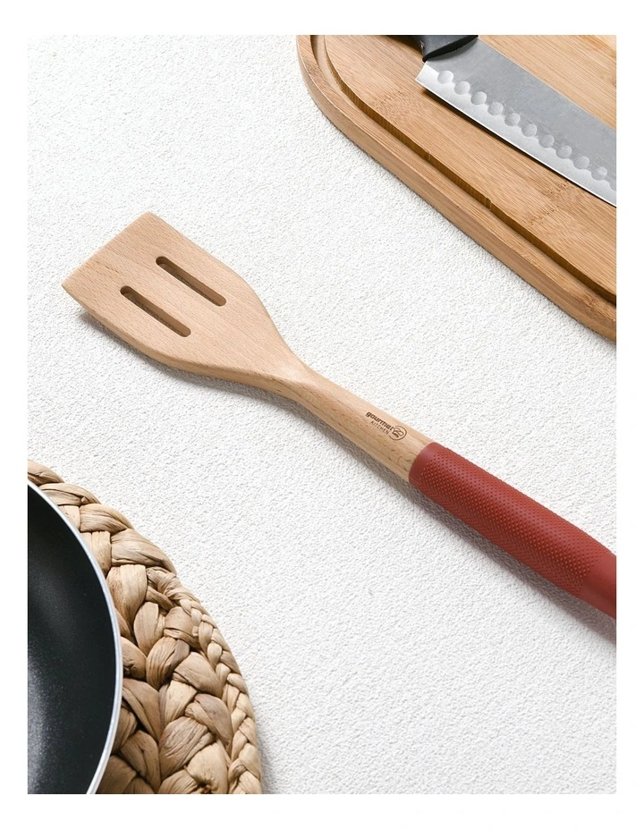 Rustic Beech Wood Slotted Spatula with Silicone Grip 35x6.1x3cm in Red