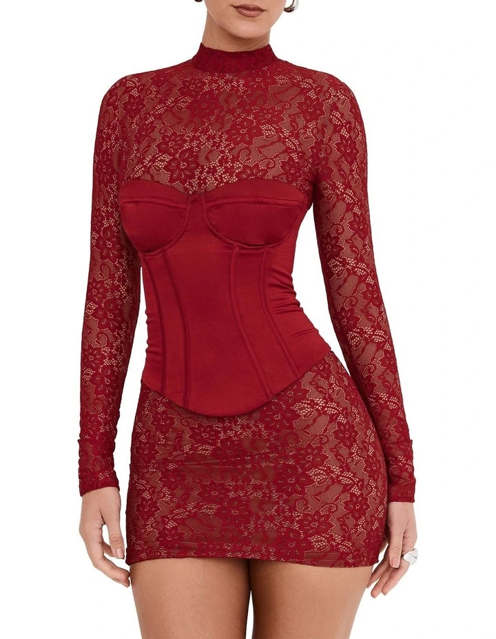 Satin and Lace Mini Dress in Red