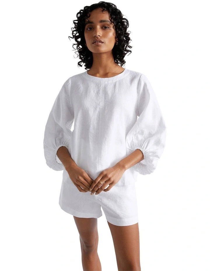 Core Linen Balloon Sleeve Top in Whisper White