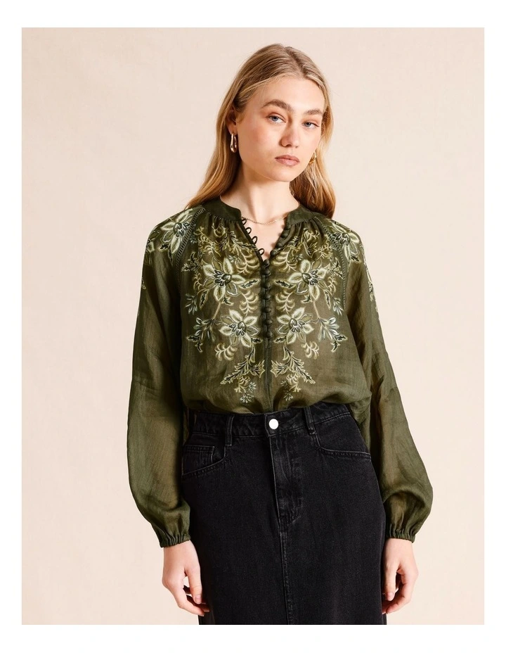 Ramie High Neck Button Blouse in Khaki