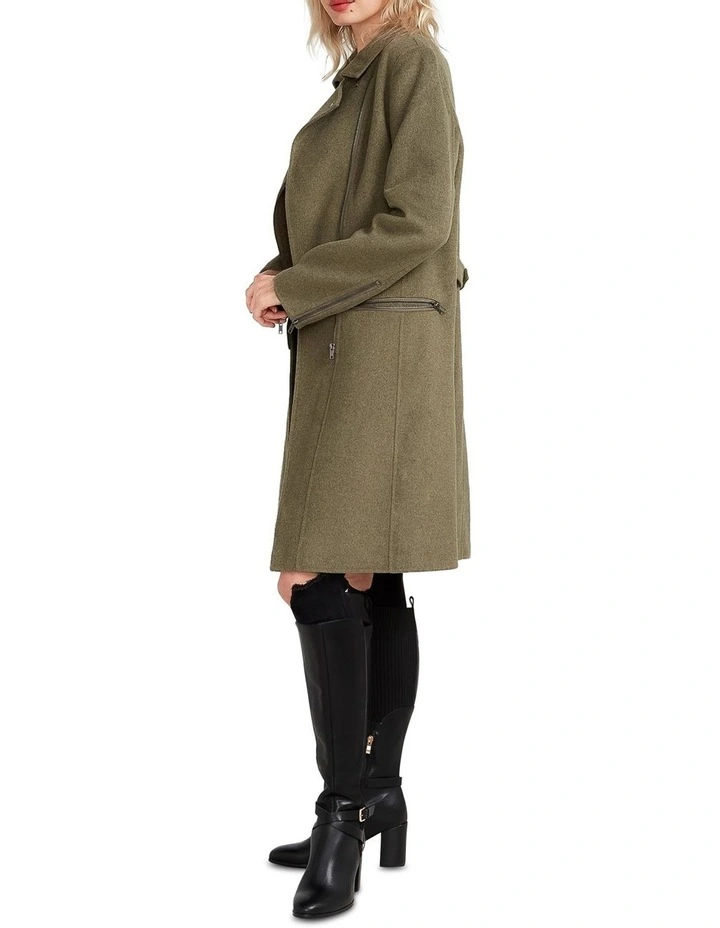 Last Chance Wool Blend Moto Coat in Khaki