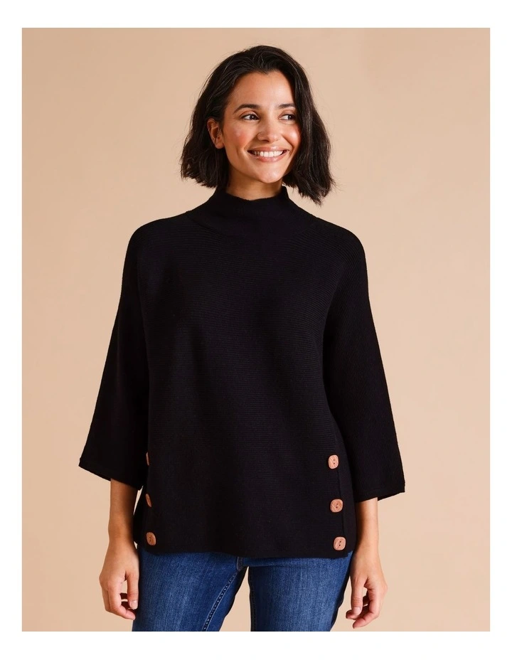 Sustainable Viscose Blend Button Side Magyar Sleeve Jumper In Black