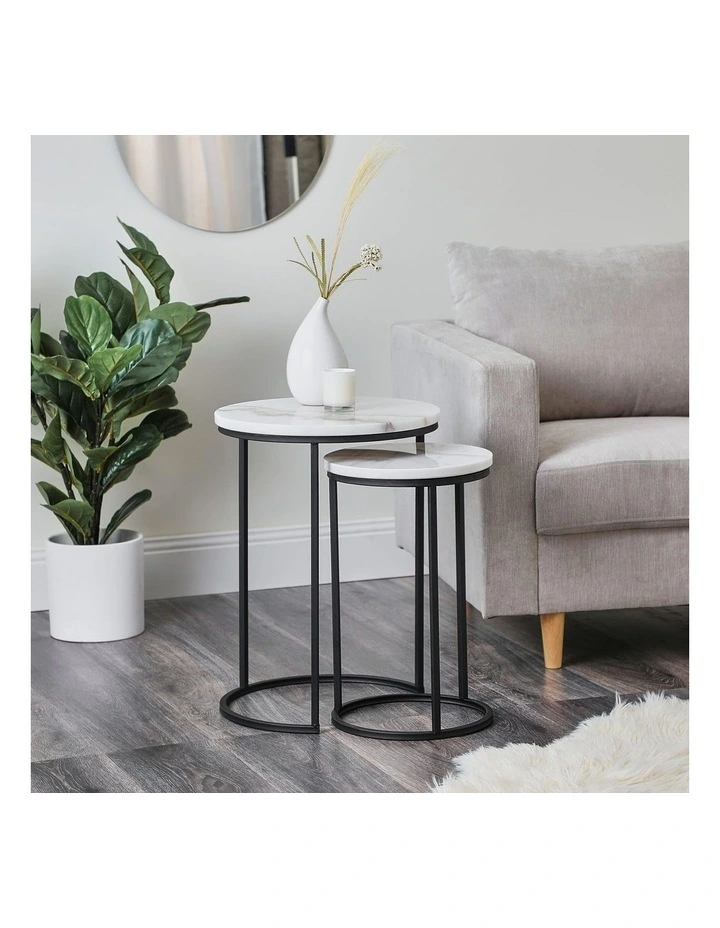 Marble Ada Nested Side Table Set in White/Black