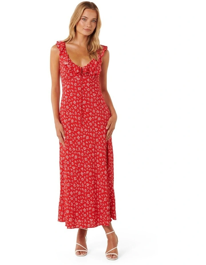 Alora Ruffle Neck Midi Dress in Red