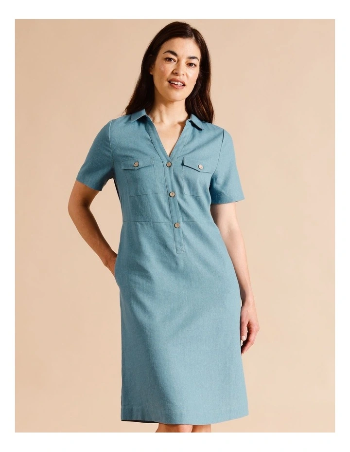 European Linen Blend Short Sleeve Shirt Dress in Blue/Green Texture