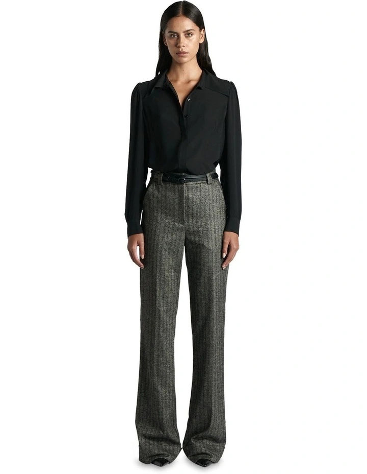 Herringbone Pinstripe Wide Leg Pant in Black