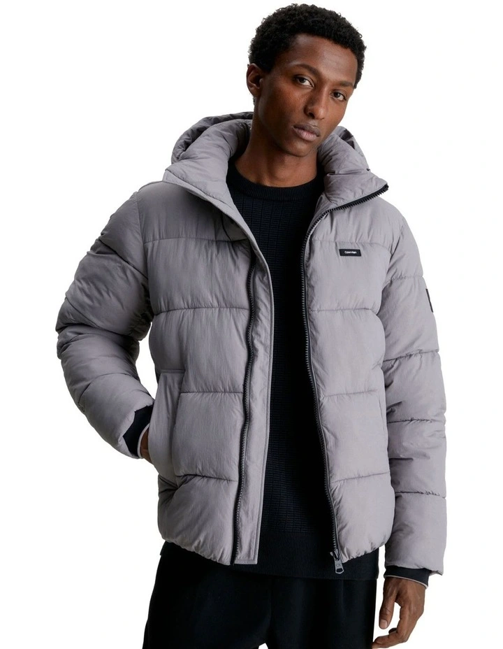 Crinkle Nylon Puffer Jacket in Grey