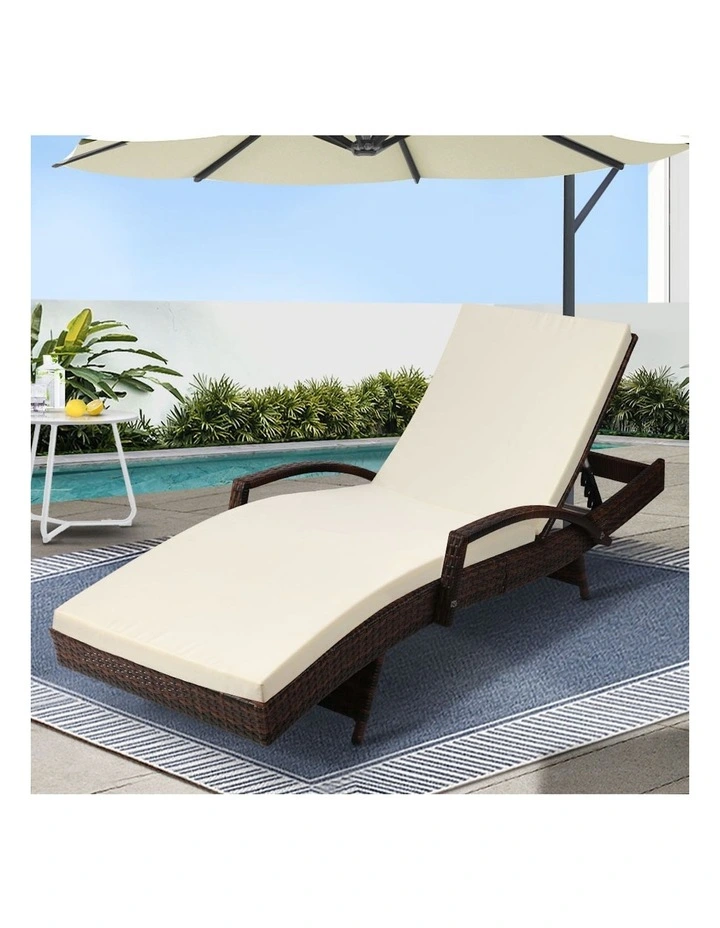 Sun Wicker Lounger Beach Chair Patio Adjustable Cushion in Brown