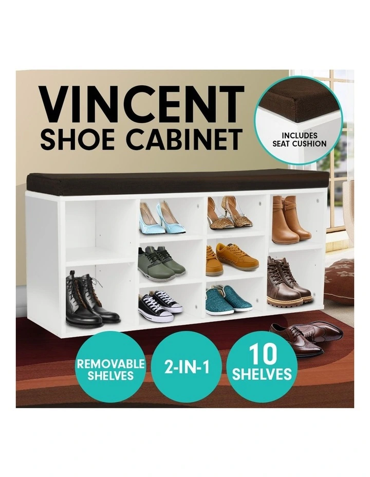 Shoe Rack Cabinet Organiser Brown Cushion 104 x 30 x 45 White