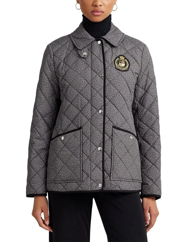 Crest-Patch Quilted Herringbone Jacket in Grey