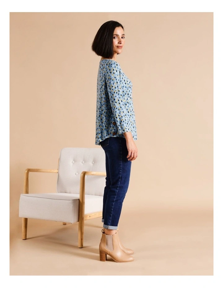 Sustainable Viscose Button Side 3/4 Sleeve Tee In Blue Rain Drop Spot